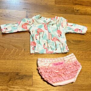 Ruffle Butts Baby 3-6 M Pink Ruffle Flamingo Tropical Long Sleeve Bikini Swim